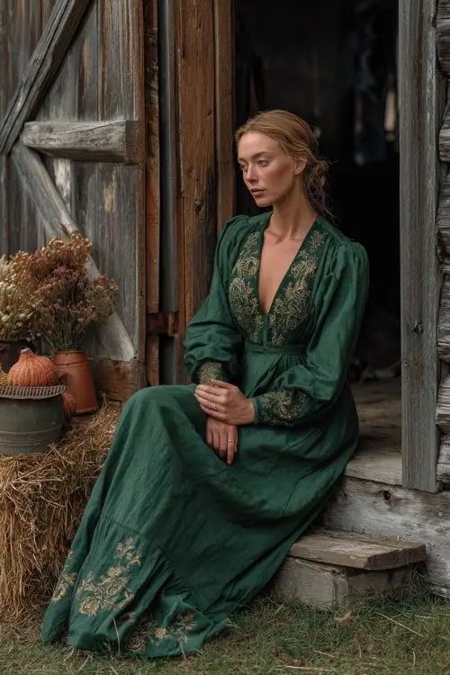 Full body of a woman in a deep green long sleeve dress with gold floral embroidery, posing by a rustic wooden barn decorated with vintage autumn props 