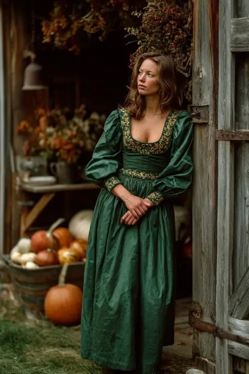 Full body of a woman in a deep green long sleeve dress with gold floral embroidery, posing by a rustic wooden barn decorated with vintage autumn props