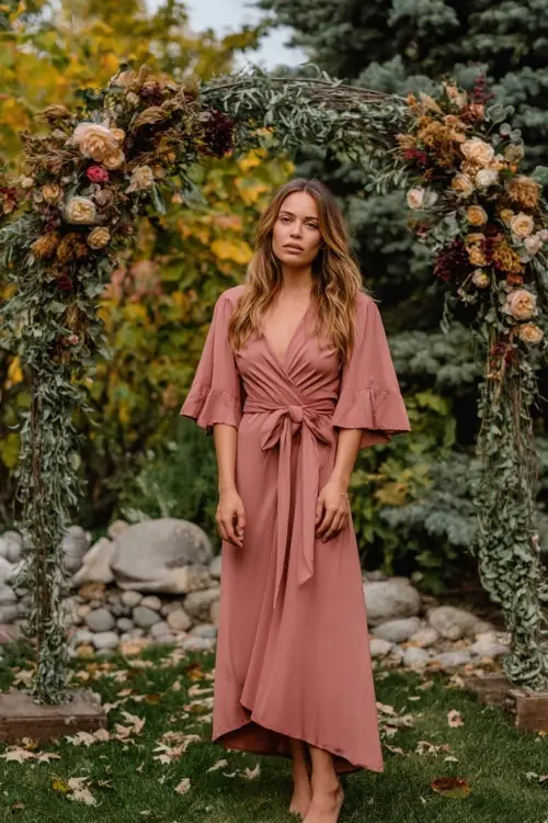 Full body of a woman in a dusty rose midi dress with flutter sleeves and a wrap front, standing by a garden wedding arch with early fall florals and scattered leaves 