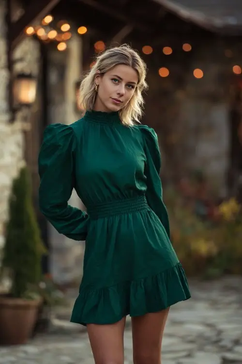 Full body of a woman in a high-neck emerald green dress with long puff sleeves and ruffle hem, posing in front of a rustic venue with cozy November lighting 