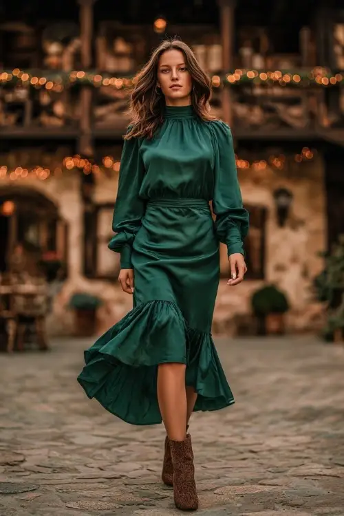 Full body of a woman in a high-neck emerald green dress with long puff sleeves and ruffle hem, posing in front of a rustic venue with cozy November lighting 