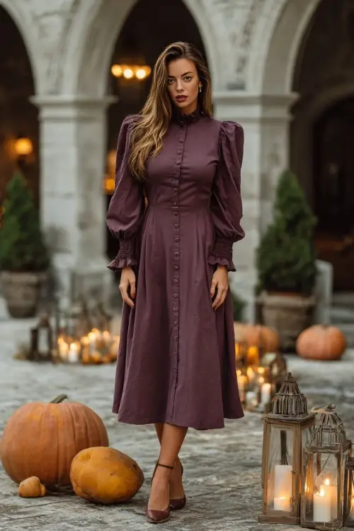 Full body of a woman in a long sleeve plum midi dress with button-down front and ruffled cuffs, posing on a cobblestone terrace surrounded by pumpkins and candles 