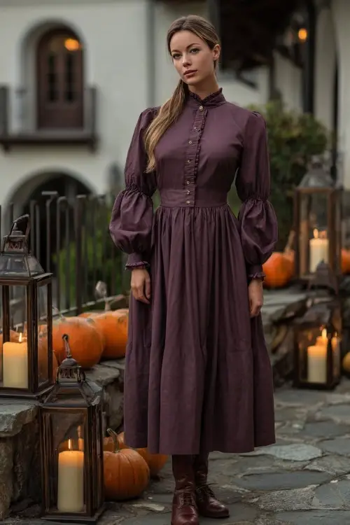 Full body of a woman in a long sleeve plum midi dress with button-down front and ruffled cuffs, posing on a cobblestone terrace surrounded by pumpkins and candles 