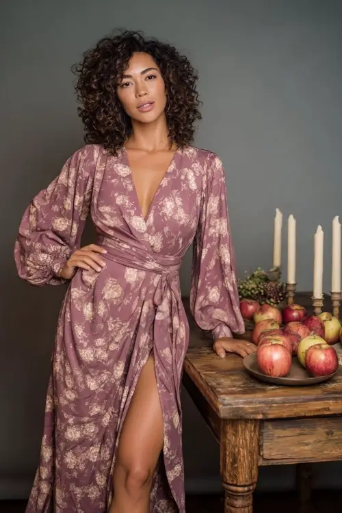 Full body of a woman in a mauve floral print wrap dress with bishop sleeves and high-low hem, holding a bouquet and posing beside a wooden table with caramel apple favors and candles 