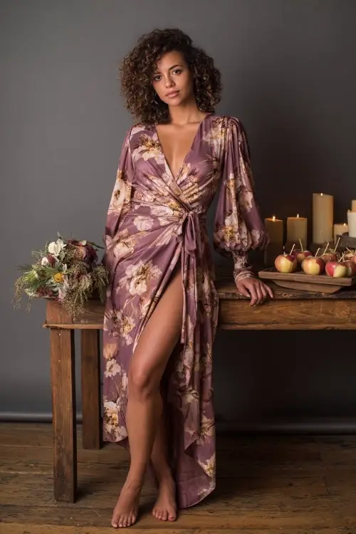 Full body of a woman in a mauve floral print wrap dress with bishop sleeves and high-low hem, holding a bouquet and posing beside a wooden table with caramel apple favors and candles