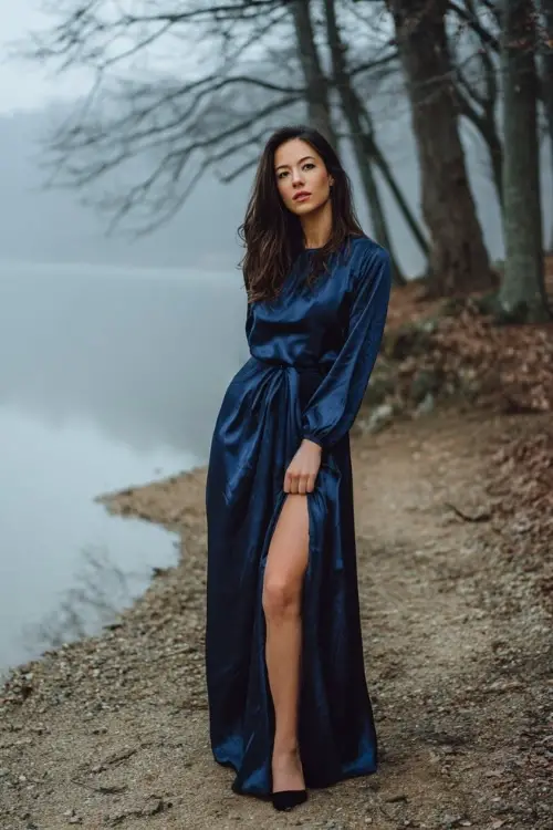 Full body of a woman in a midnight blue maxi dress with satin sheen, long sleeves, and a subtle high slit, posing near a lake with bare November trees and misty air 