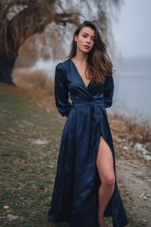 Full body of a woman in a midnight blue maxi dress with satin sheen, long sleeves, and a subtle high slit, posing near a lake with bare November trees and misty air 
