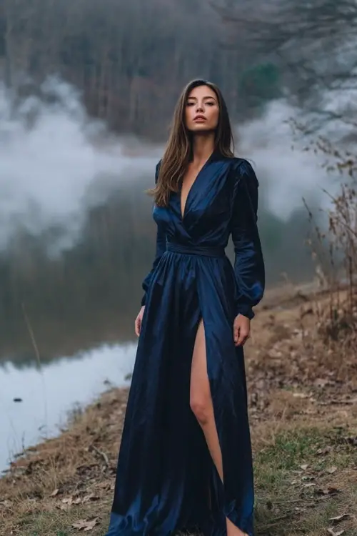 Full body of a woman in a midnight blue maxi dress with satin sheen, long sleeves, and a subtle high slit, posing near a lake with bare November trees and misty air