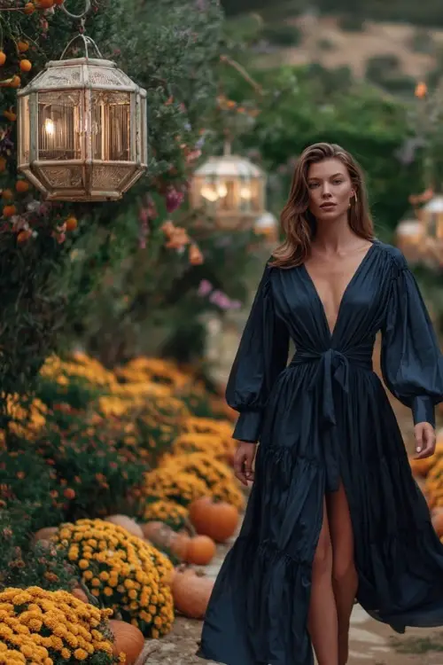 Full body of a woman in a navy chiffon wrap dress with long sleeves and layered skirt, walking through a garden aisle decorated with pumpkins 