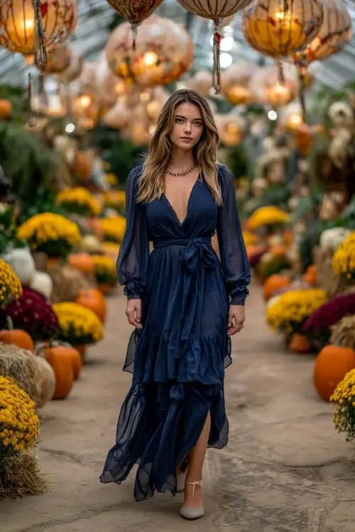 Full body of a woman in a navy chiffon wrap dress with long sleeves and layered skirt, walking through a garden aisle decorated with pumpkins