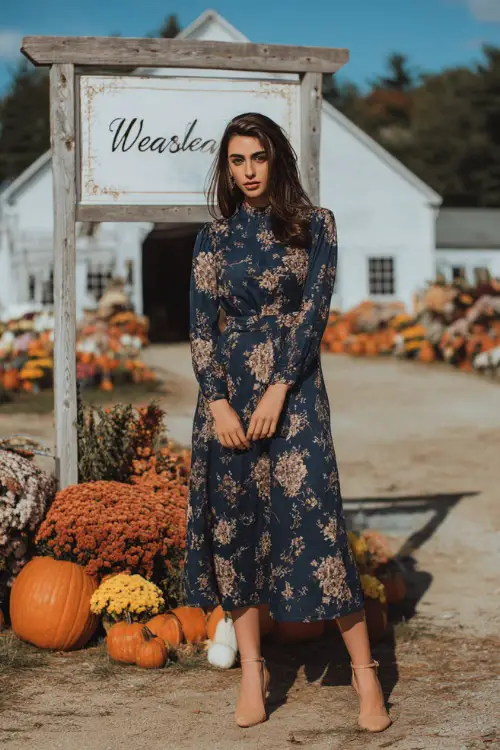 Full body of a woman in a navy floral long sleeve midi dress and tan heels, standing by a farmhouse wedding sign surrounded by pumpkins and mums 