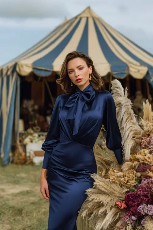 Full body of a woman in a navy satin midi dress with fitted sleeves and a soft cowl neckline, posing beside a reception tent decorated with dried pampas and moody florals 