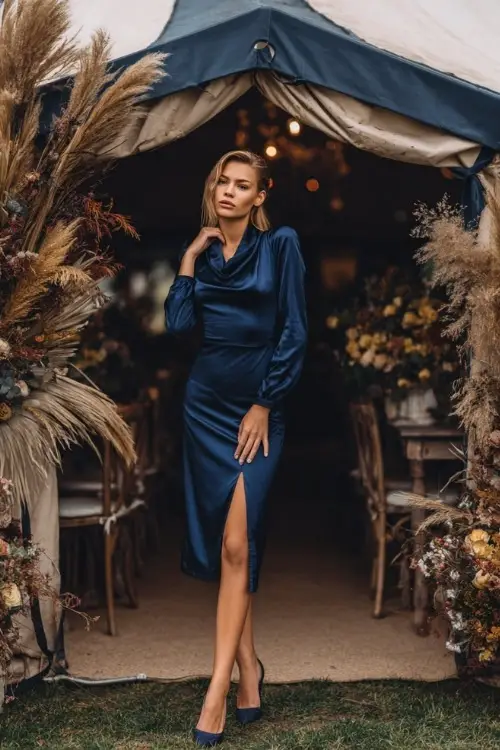 Full body of a woman in a navy satin midi dress with fitted sleeves and a soft cowl neckline, posing beside a reception tent decorated with dried pampas and moody florals