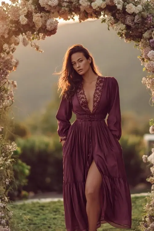 Full body of a woman in a plum long sleeve dress with lace detail and flowing skirt, posing by a floral wedding arch in early evening golden hour 