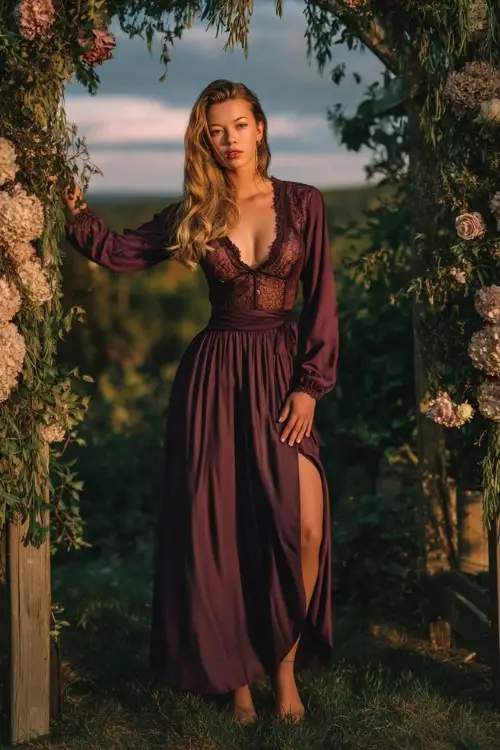 Full body of a woman in a plum long sleeve dress with lace detail and flowing skirt, posing by a floral wedding arch in early evening golden hour 