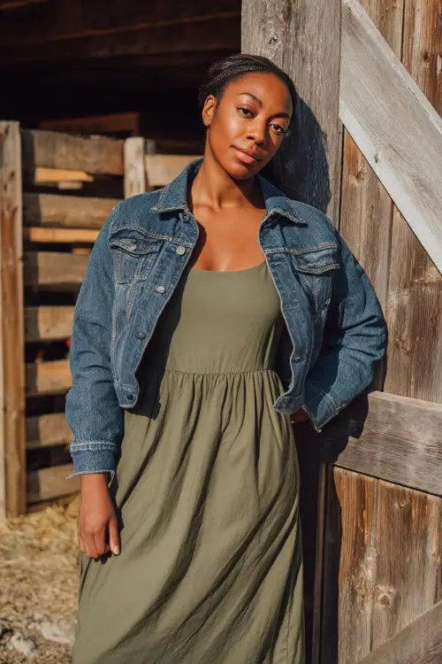 Full body of a woman in a simple olive green cotton dress with long sleeves and a denim jacket, posing at a barn wedding with rustic decor and soft fall light 