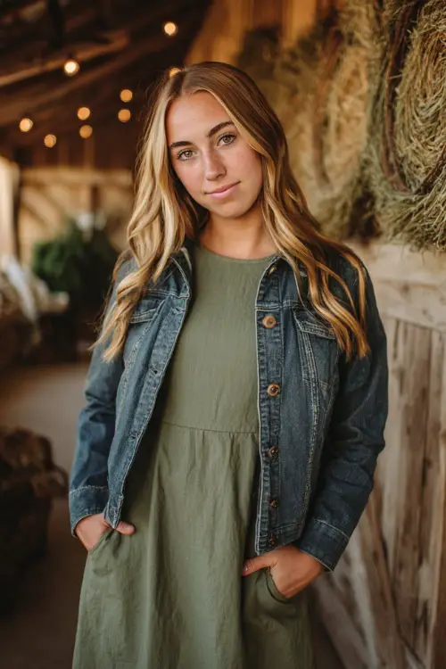 Full body of a woman in a simple olive green cotton dress with long sleeves and a denim jacket, posing at a barn wedding with rustic decor and soft fall light 