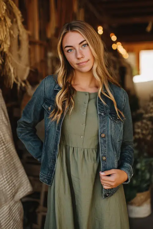 Full body of a woman in a simple olive green cotton dress with long sleeves and a denim jacket, posing at a barn wedding with rustic decor and soft fall light