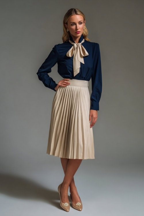 Full-body of a woman in a soft beige pleated skirt with a navy blouse and bow tie detail, styled with classic flats and pearl studs, minimalist studio lighting 
