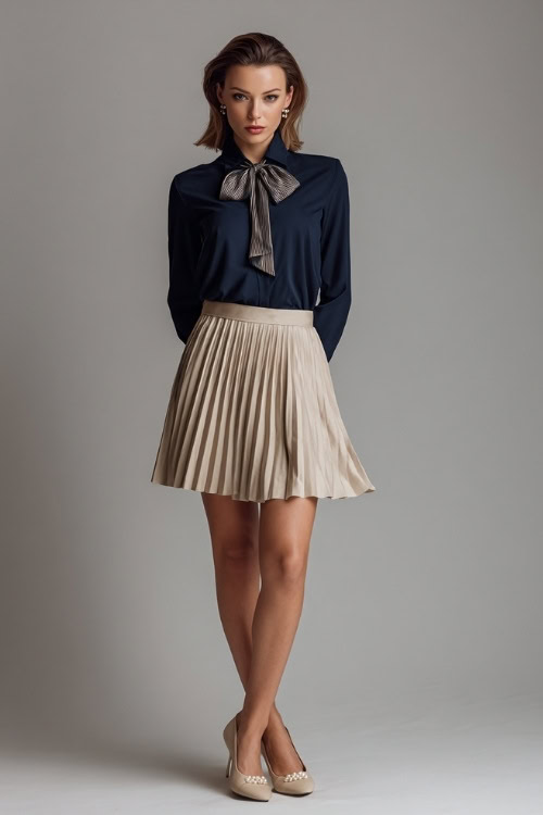 Full-body of a woman in a soft beige pleated skirt with a navy blouse and bow tie detail, styled with classic flats and pearl studs, minimalist studio lighting
