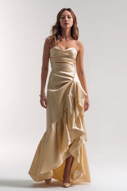 Full-body of a woman in a soft gold formal gown with structured bodice and flowing hem, accessorized with delicate bracelets and low heels, in a clean white studio background 