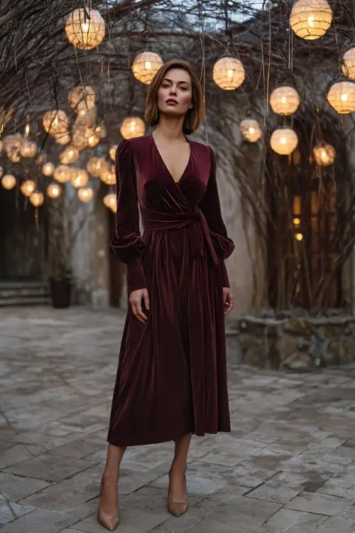 Full body of a woman in a wine-colored velvet midi dress with long sleeves and a wrap waist, standing in a candlelit courtyard with bare trees and glowing lanterns 