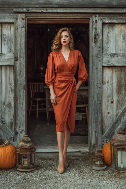 Full body of a woman wearing a burnt orange midi dress with long bishop sleeves, wrap waist, and block heels, standing in front of a rustic barn wedding with pumpkins and lanterns 