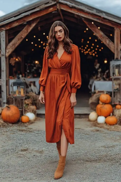 Full body of a woman wearing a burnt orange midi dress with long bishop sleeves, wrap waist, and block heels, standing in front of a rustic barn wedding with pumpkins and lanterns