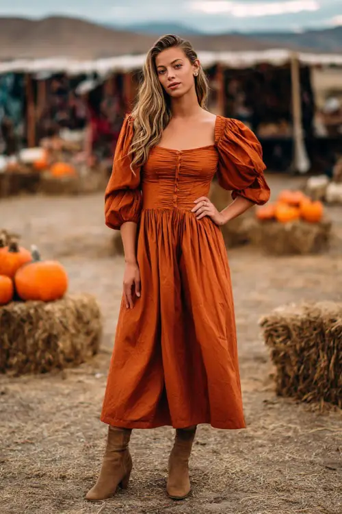 Full body of a woman wearing a burnt orange midi dress with puff sleeves and smocked bodice, styled with ankle boots at a backyard wedding with hay bales and pumpkins 