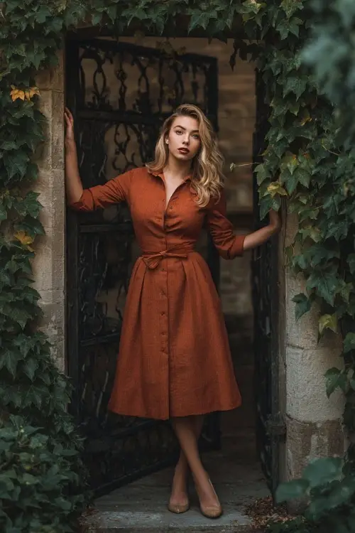 Full body of a woman wearing a burnt sienna midi dress with a fit-and-flare silhouette, long sleeves, and subtle shimmer, posing near an old gate with climbing ivy 