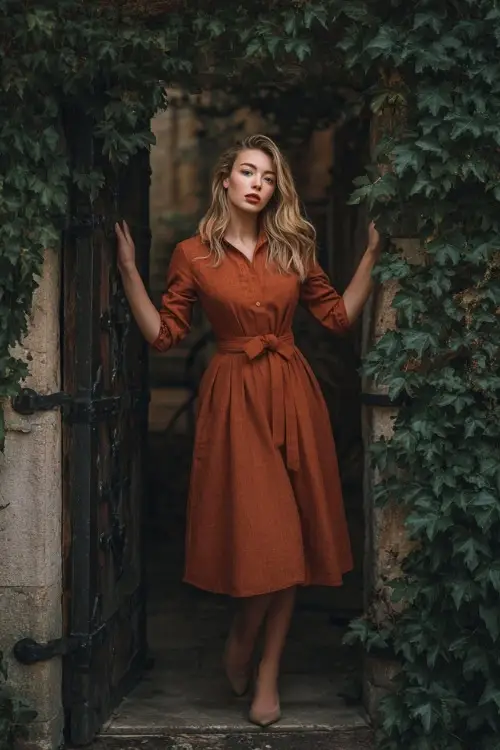 Full body of a woman wearing a burnt sienna midi dress with a fit-and-flare silhouette, long sleeves, and subtle shimmer, posing near an old gate with climbing ivy 