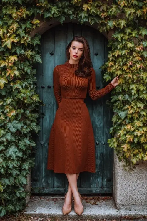Full body of a woman wearing a burnt sienna midi dress with a fit-and-flare silhouette, long sleeves, and subtle shimmer, posing near an old gate with climbing ivy