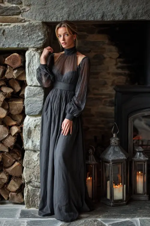 Full body of a woman wearing a charcoal grey gown with structured shoulders and long mesh sleeves, posing near a stone fireplace with stacked firewood and flickering lanterns