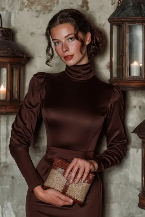 Full body of a woman wearing a chocolate brown fitted dress with long sleeves and satin texture, holding a clutch at a formal November wedding with vintage lanterns 
