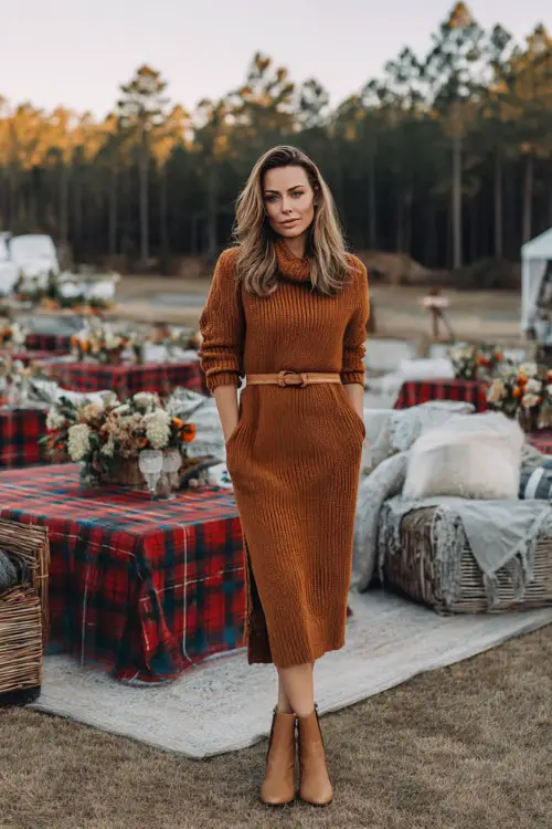 Full body of a woman wearing a cinnamon-colored knit midi dress with side slits and a belt, styled with ankle booties and a soft scarf
