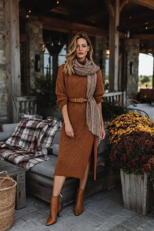 Full body of a woman wearing a cinnamon-colored knit midi dress with side slits and a belt, styled with ankle booties and a soft scarf