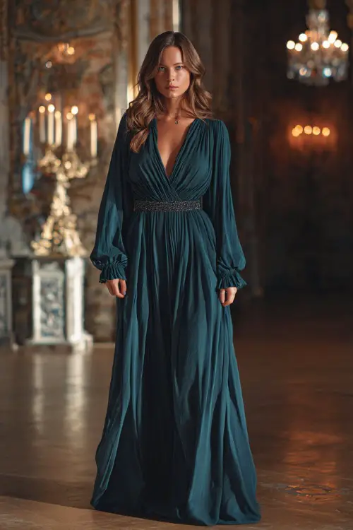 Full body of a woman wearing a dark teal long sleeve chiffon gown with a flowy skirt and detailed belt, standing inside a grand ballroom filled with candlelight and gold accents 