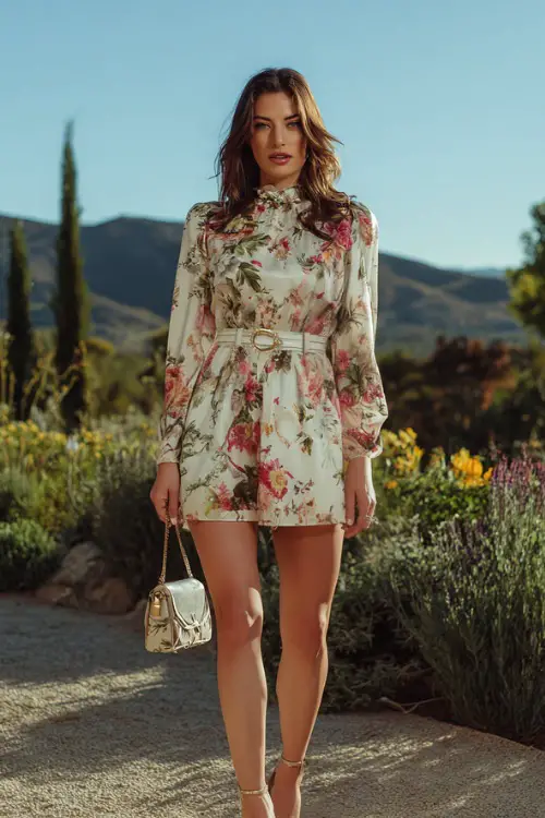 Full body of a woman wearing a floral A-line dress with long sleeves and a belt, styled with block heels and crossbody bag at a relaxed outdoor wedding