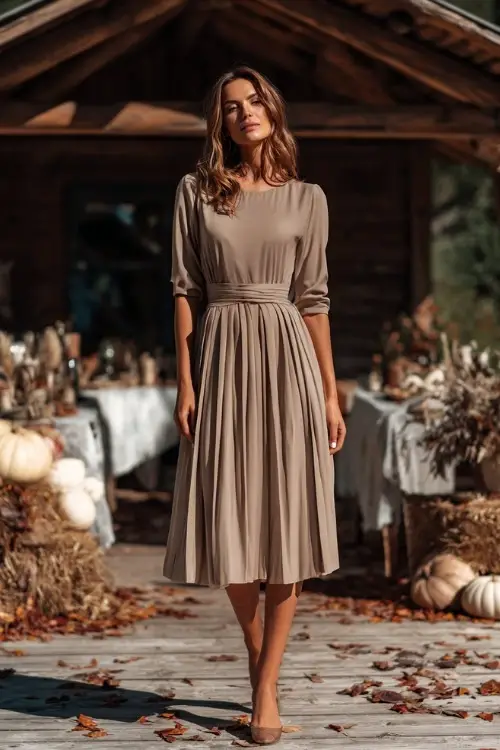 Full body of a woman wearing a light brown midi dress with three-quarter sleeves and pleated details, standing on a wooden deck surrounded by crisp leaves and wedding décor 