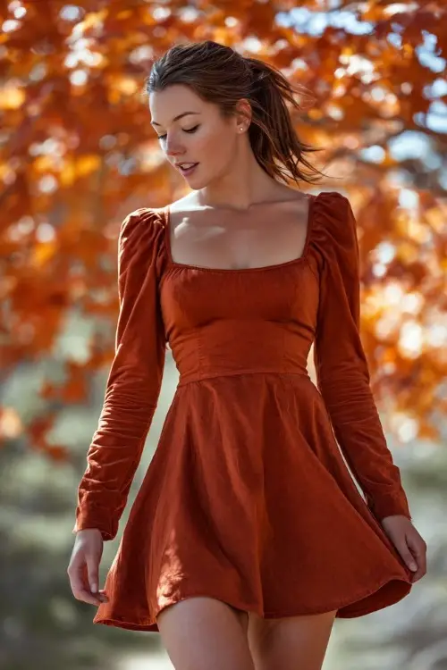 Full body of a woman with a delicate frame in a copper fit-and-flare dress with a square neckline and long sleeves, walking under maple trees with vibrant orange foliage