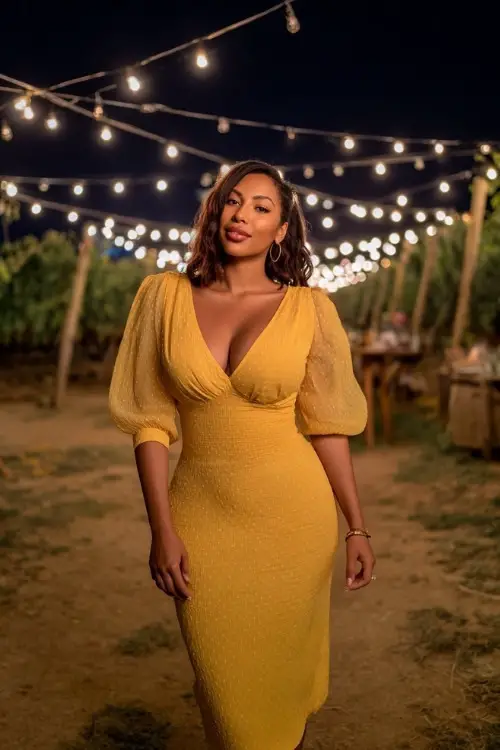 Full body of a woman with curves in a mustard yellow smocked dress with sheer puff sleeves and midi hem, standing under string lights at a vineyard wedding