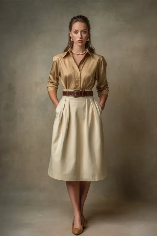 Full-body portrait of a woman in a cream high-waisted skirt with a camel collared blouse and brown leather belt, pearl drop earrings and tan flats 