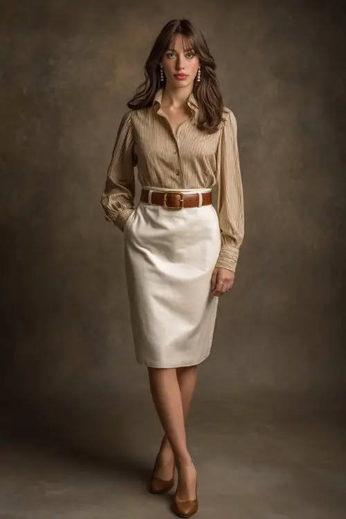 Full-body portrait of a woman in a cream high-waisted skirt with a camel collared blouse and brown leather belt, pearl drop earrings and tan flats