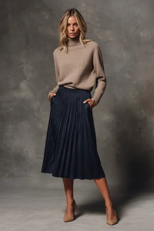 Full-body portrait of a woman in a navy pleated midi skirt with a tucked-in taupe sweater, tan heels, and minimal accessories