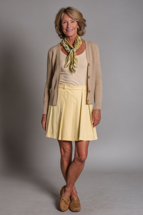 Full-body portrait of a woman over 50 in a pale yellow A-line skirt and fitted cardigan, accessorized with a silk scarf and tan loafers, minimal studio setting