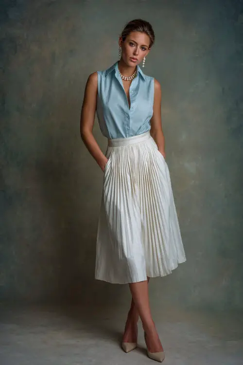 Full-body portrait of woman in a sleeveless white pleated midi skirt with a tucked-in pale blue silk blouse, kitten heels, and pearl drop earrings, studio backdrop