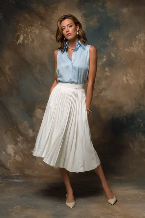 Full-body portrait of woman in a sleeveless white pleated midi skirt with a tucked-in pale blue silk blouse, kitten heels, and pearl drop earrings