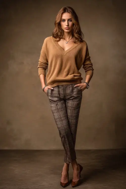 Full-body shot of a woman in a camel V-neck sweater with plaid trousers, leather flats and a vintage-style watch, standing in a soft-lit studio 