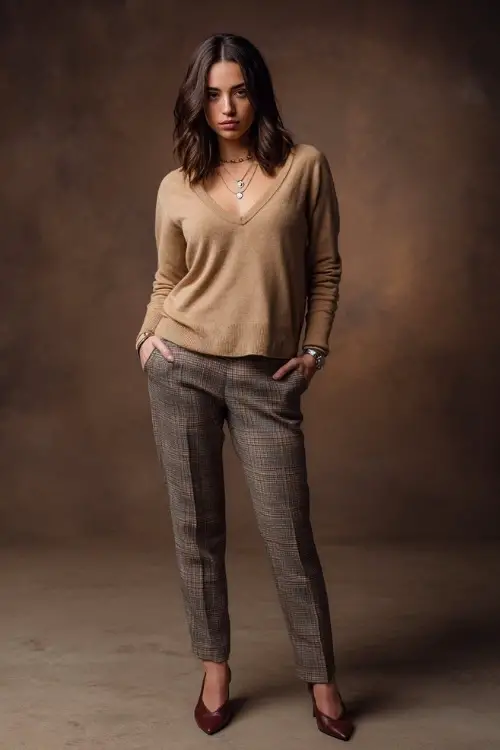 Full-body shot of a woman in a camel V-neck sweater with plaid trousers, leather flats and a vintage-style watch, standing in a soft-lit studio