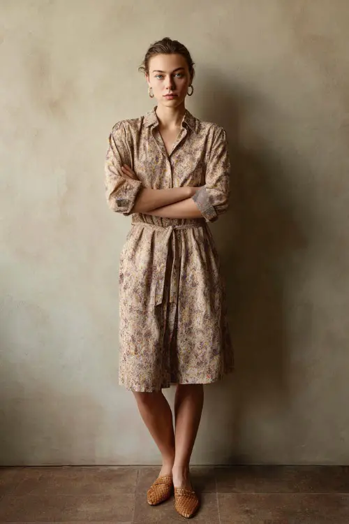 Full-body shot of a woman in a muted floral day dress with a belt, woven leather flats, and pearl studs, minimalist studio setting 